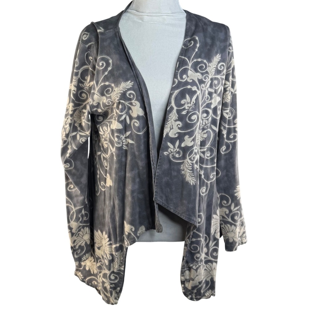Take Two Clothing Co Womens Grey Floral‎ Acid Wash Cotton Open Front Cardigan L